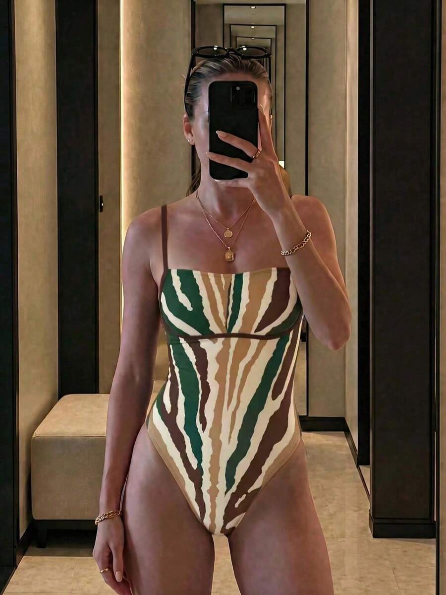 新款辣妹夏日條紋高彈力休閒海灘度假約會派對女款一件式細肩帶泳衣 - 彩色 - 查看 1