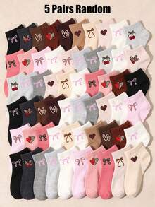20/10/5 Pairs Random Children's Socks, Maillard Multicolor Ankle Socks, Leopard Heart Bow Cherry Print, Soft Breathable Autumn Winter Christmas Socks - Multicolor - View 9