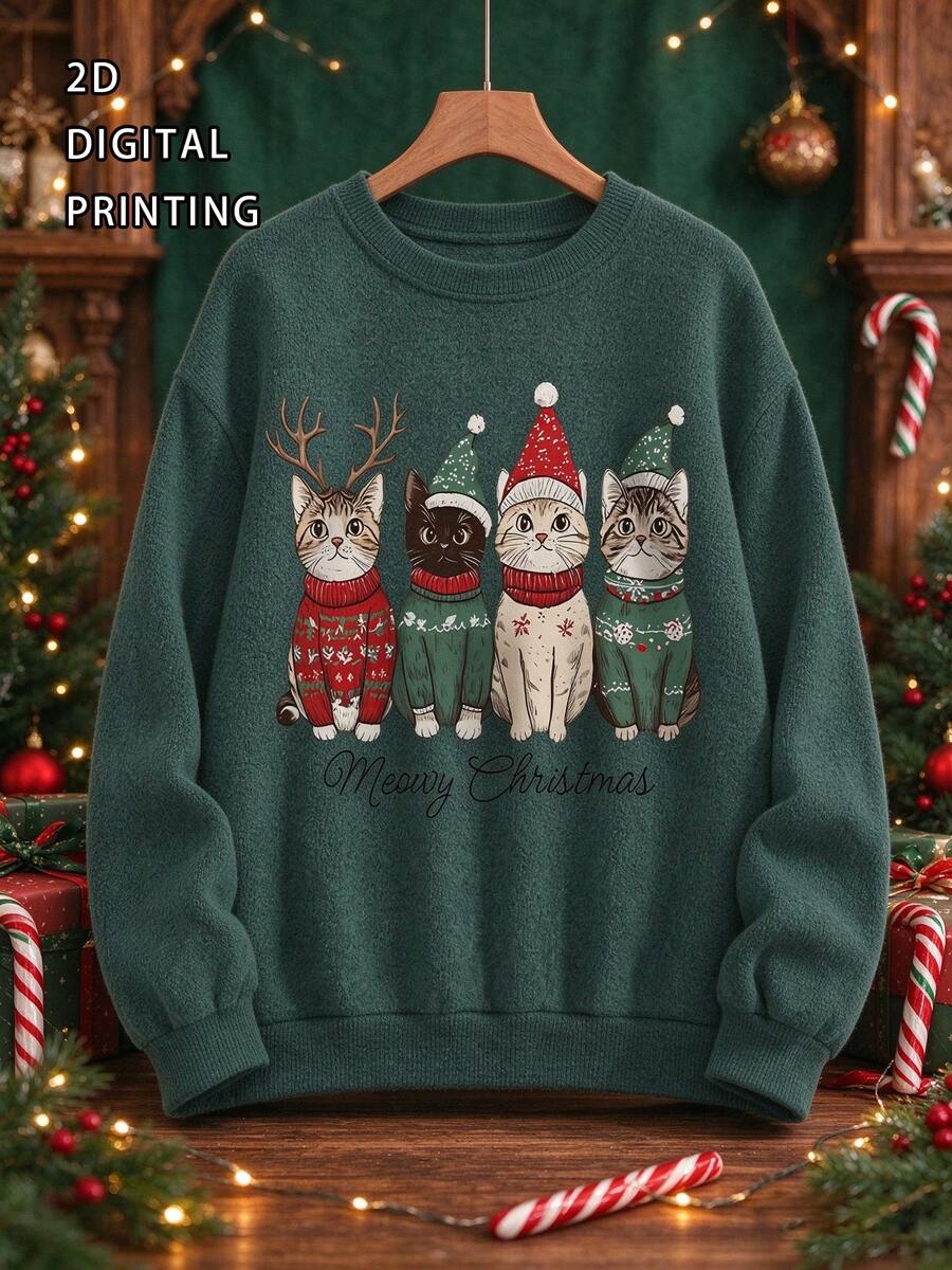 Women's Plus Size Christmas Sweater, 4 Christmas Cats Pattern, Long Sleeve Crew Neck Regular Fit, Ideal Choice For Autumn Outfits - Green - View 1