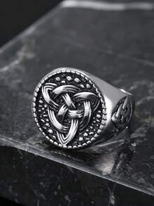 Gaelic Triangle Knot Ring, Stainless Steel Distressed Vintage Men's Jewelry, Cast Craftsmanship, Daily Wear Accessory - Silver - View 1