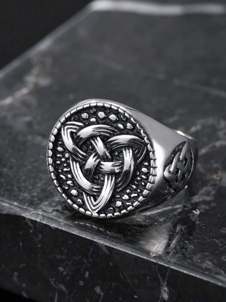 Gaelic Triangle Knot Ring, Stainless Steel Distressed Vintage Men's Jewelry, Cast Craftsmanship, Daily Wear Accessory - Silver - View 1