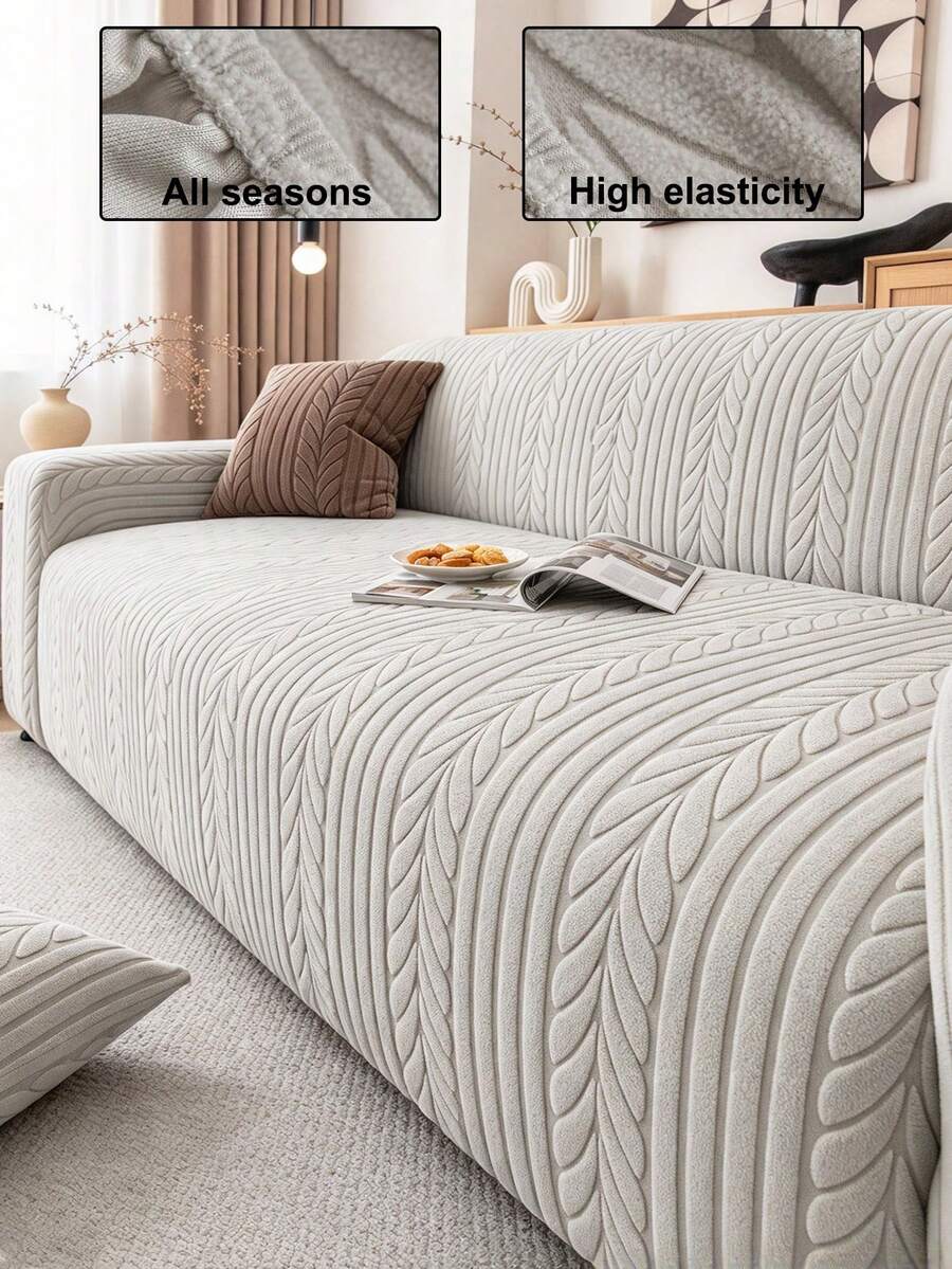 1pc Solid Color Jacquard Elastic Sofa Cover, INS Style All-Season Washable, Pet-Resistant, Suitable For Living Room, Bedroom, Dining Room, Outdoor, 1-2-3-4 Seater Sofa, Comes With Anti-Slip Strip - Light Grey - View 1