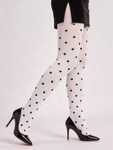 1 Pair Women's Colorful Polka Dot Printed Leggings, Multiple Sizes Available, High Elasticity, Breathable, Soft, Suitable For Wide Range Of People, Multi-Color Polka Dot Pattern Socks, Suitable For Daily Wear And Party Outfits - Black and White - View 3
