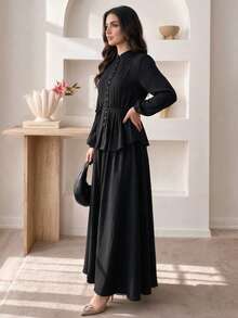 Women's Elegant Pleated Front Button Ruffle Blouse + Long Skirt 2 Pieces Set, Elastic Cuffs Casual Daily Outfit - Black - View 3