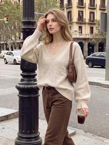 Women's Lace Trim V-Neck Sweater Long Sleeve Loose Fit Knit Pullover - Apricot - View 6