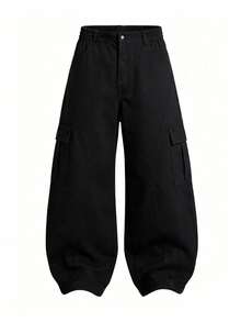 Men's Spring/Autumn Casual Fashion Straight Leg Cargo Pants With Side Pockets And Button Closure For Outdoor Wear - Black - View 2