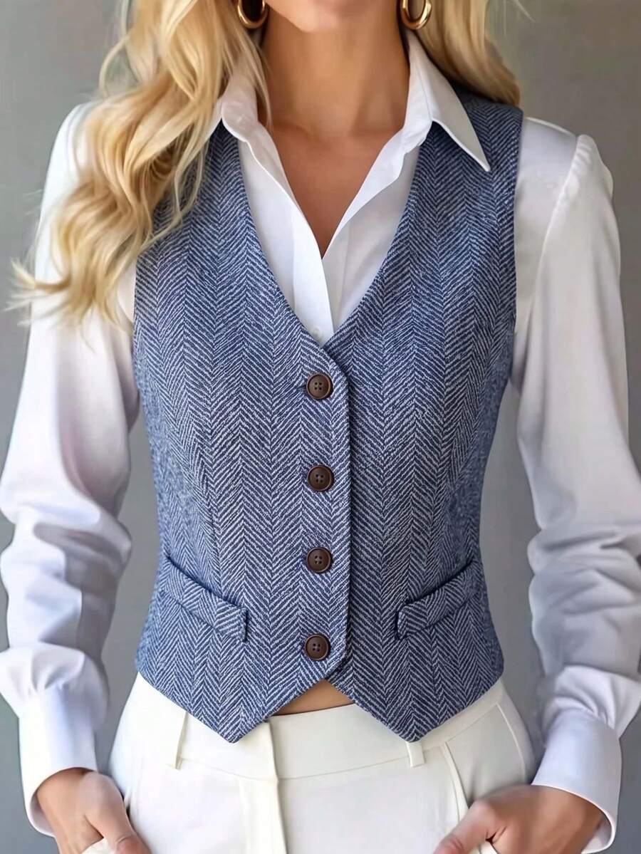 Women's Herringbone Lined V Neck Sleeveless Button Front Vest Casual ...