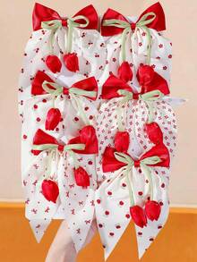 6/1pc Girls Red Cherry Floral Fabric Bow Swallowtail Hair Clip Tulip Ribbon Alligator Hair Clip Cute Hair Accessory Large Hair Clip For Back Of Head Daily Use - Multicolor - View 1