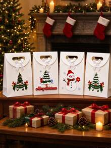Christmas Paper Gift Bag With Bow Decoration, Christmas Snowman And Tree Pattern Portable Handheld Gift Bag, Holiday Party Favor Flip-Top Gift Bag, Christmas Gift Packaging Supplies - A - View 4