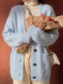 Plus Size Women 2026 Autumn/Winter Vintage Elegant Casual Daily Wear Loose Long Sleeve V-Neck Cardigan - Baby Blue - View 8