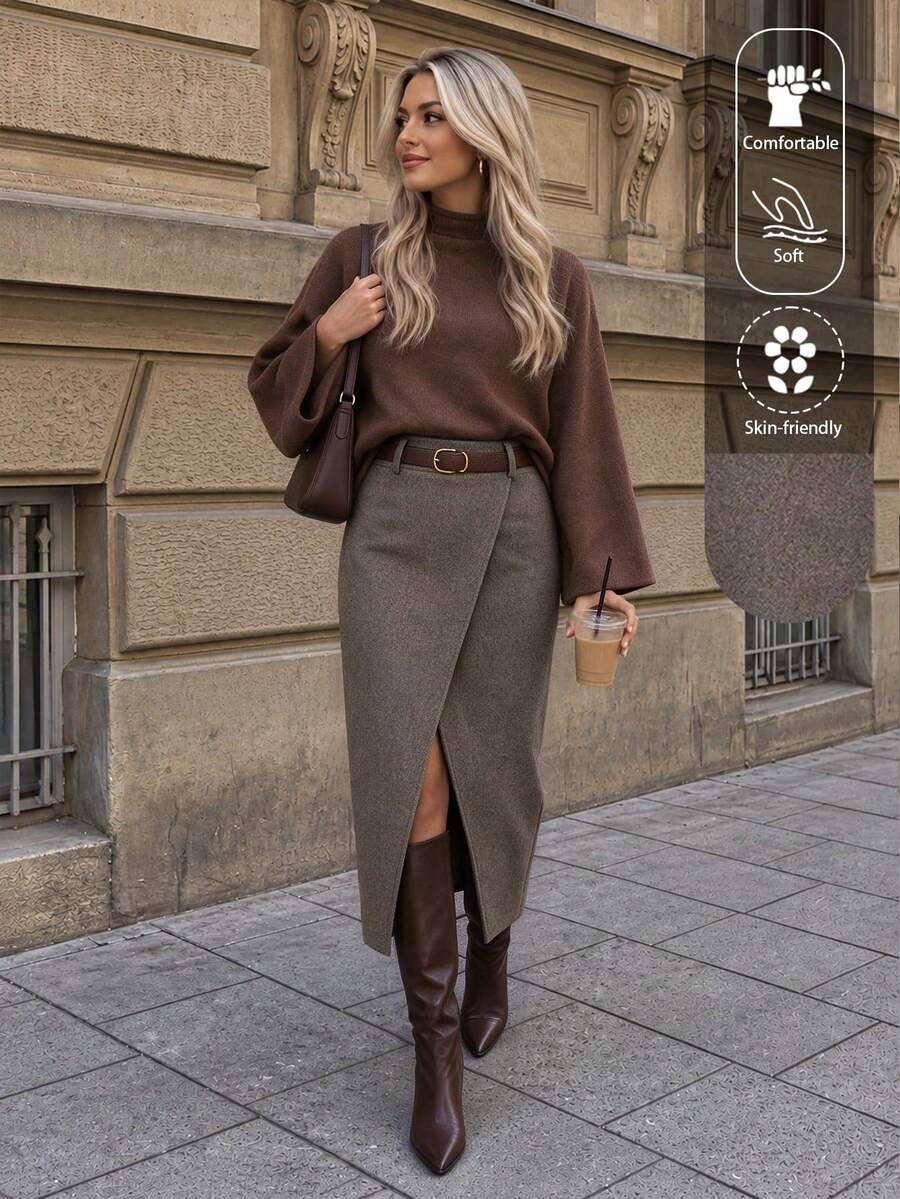 EARO Women's Grey Brown Wool Asymmetrical Slit High Waist Bodycon Skirt, Slimming Hip-Flattering Design, Fashionable Versatile Autumn/Winter Style - Ash Brown - View 1