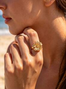 1 Pc Fashion Large Flower Ring For Women Gold Color Stainless Steel Geometric Ring Birthday Party Jewelry Gift - Gold - View 1