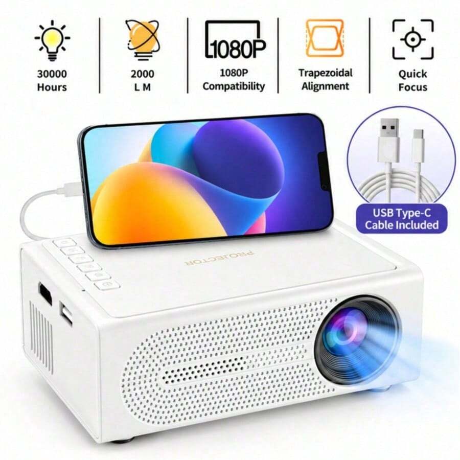 Ultra-Compact Pocket M200S Portable Projector, Easy To Carry, Supports Wired Phone Connection, Multiple Interfaces USB SD AV HD Type-C, 5V2A Power Supply, Suitable For Home Party Office - White - View 1