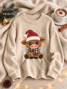 Women's Plus Size Knit Sweater, Calf Pattern, Long Sleeve Crew Neck Regular Fit, Ideal Choice For Autumn Outfit Fall - Apricot - View 6