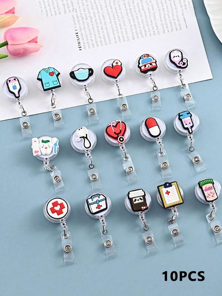 10pcs Retractable Nurse Badge Reel Clips, Cute Cartoon Keychain, Random Style Car Accessories Bag Charm School Goth Y2k Gifts For Mother, Father, Graduation, And Teacher - Multicolor - View 1