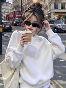 1pc Women's Solid Color Long Sleeve Crew Neck Pullover Sweatshirt, Fashion Street Style Casual Loose Versatile Top For Autumn/Winter - White - View 2