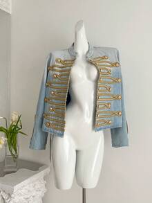 Women's Autumn Round Neck Button Decor Pirate Napoleon Denim Short Jacket - Baby Blue - View 6