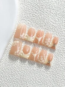 Autumn/Winter 10pcs Elegant Elegant Handmade Press-On Nails, Polygel Nail Art Set, Water Drop Pattern, Scale Pattern, Rhinestone Embellishments, Beige Soft Style, 3 Sizes Available, Almond/Duck/Coffin Shape, Suitable For Party, Dancing, Daily Wear (Handmade Details May Vary) - Multicolor - View 14
