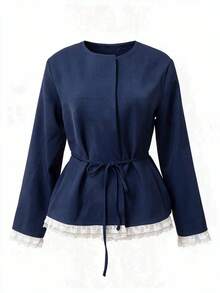 Ladies' Autumn Elegant Lace Splicing Belt Long Sleeve Jacket Office Vacation - Royal Blue - View 6