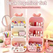 1pc Cartoon DIY Sticker Vertical Storage Box, Bowknot 3-Layer Desktop Organizer, Small Item Compartment Storage Rack, Suitable For Home And Office Storage - Multicolor - View 2