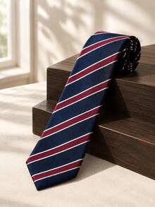 A Yarn-Dyed High-Density Navy Blue Base Burgundy Twill Business Tie, Unisex - Navy Blue and Burgundy Stripes - View 3