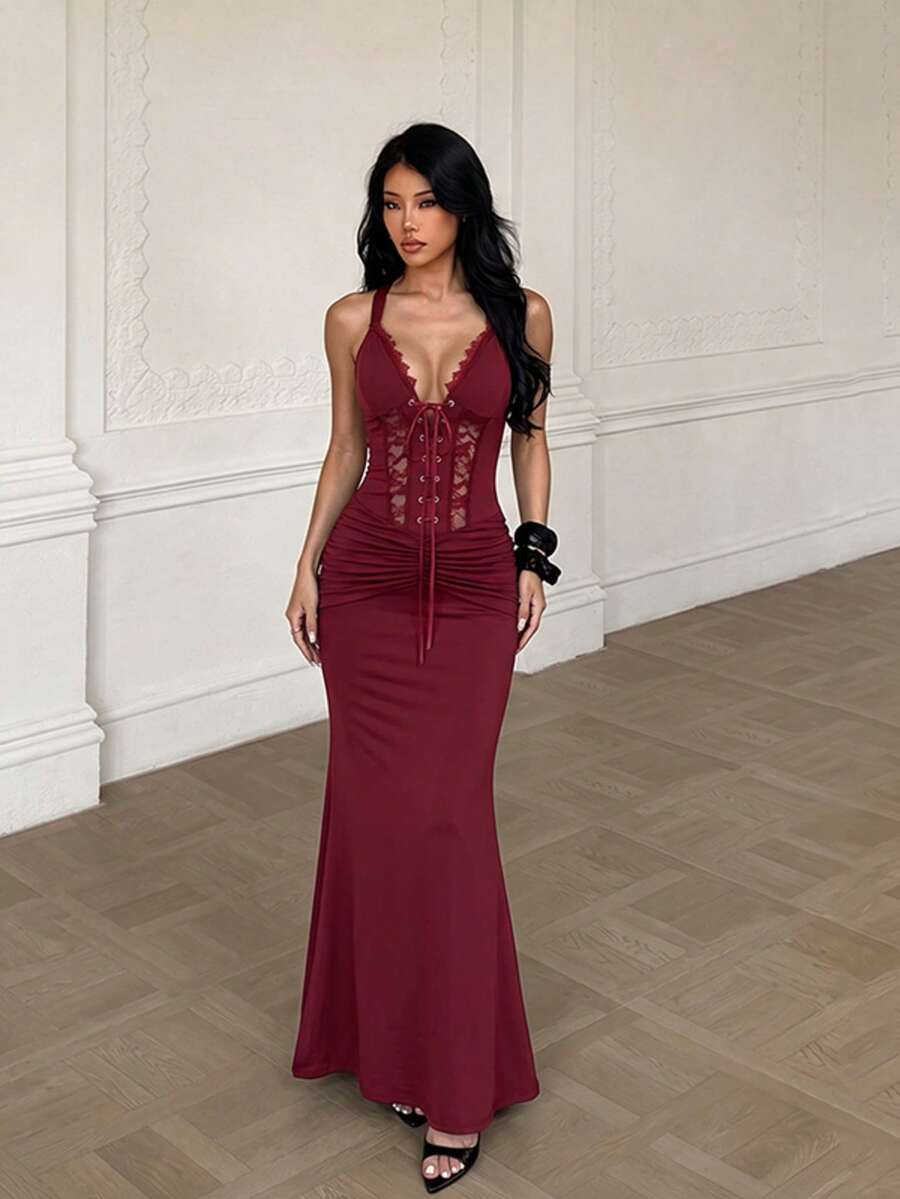 Summer, Elegant Dress, Draped Beach Dress, Suitable For Festivals, Proms, Parties, Birthdays, Halloween, New Year, Christmas - Burgundy - View 1