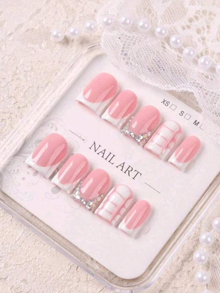 10pcs Short Square Press-On Nails, Pink French Tip With Iridescent Rhinestones And Hand-Painted Plaid, Reusable Sweet Girly Style Fake Nails, Suitable For Work, Dating, Shopping, Travel And Gifting, No Lamp Required, Suitable For Students, Girls, Moms And All Women - Pink - View 1