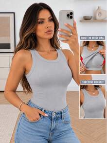 ChicMe Áo tank top nữ gân có cúp ngực, cổ tròn, sát nách, dáng ôm, áo thun cơ bản thường ngày, phù hợp đi làm, dự tiệc và mặc dạo phố hàng ngày - Màu Xám nhạt - Xem 2