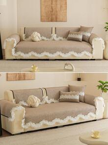 1PC Chenille Irregular Scalloped Edge Sofa Cushion, French Style Seat Pad, All-Season Universal Non-Slip Sofa Protective Cover, Machine Washable - Khaki - View 2