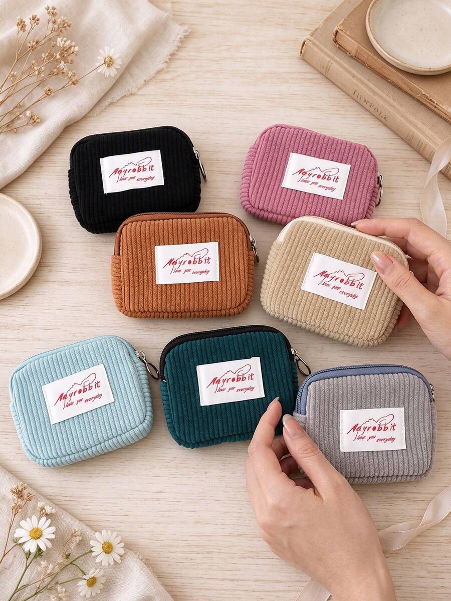 1pc Solid Color Corduroy Coin Purse Wallet, Cute Mini Student Pocket Bag, Can Hold Lipstick, Earphones, Coins, Hair Clips, Etc., Portable Card Holder Key Storage Bag - Multicolor - View 1