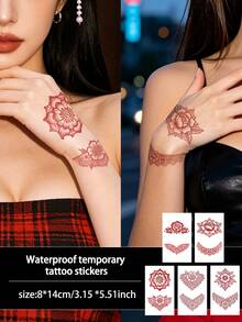 5Pcs Henna Tattoo Fake Temporary Tattoo Red Flower Geometric Waterproof Sweatproof Disposable For Women And Mem Face, Arm, Waist, Chest, Leg, Abdomen, Neck, Hand, Finger, Back For Dancing Party Stage Performance Modernist Body Art - Multicolor - View 7