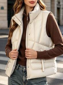 Women's Winter Casual Solid Color Zipper Front Stand Collar Short Padded Vest - White - View 8
