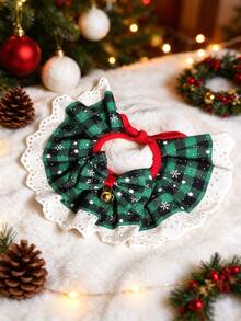 Christmas Pet Drool Scarf, Checkered Snowflake Dog And Cat Neck Scarf With Bell Bow, Adjustable Lace Pet Saliva Strap, Suitable For Holiday Party Costumes - Multicolor - View 8