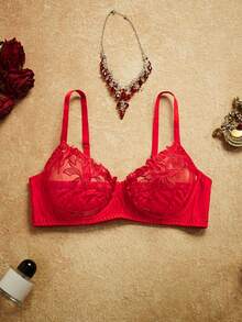 PinupPomp 4pcs Plus Size Women's Embroidered Lace Underwire Single Layer Bra, Push Up Low Waist Thong Panty, Garter Belt, Leg Rings,Floral Embroidery - Red - View 7