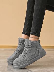 Women's Fashion High-Top Shoes, Grey Suede With Breathable Mesh, Chunky Platform Street Style - Grey - View 8