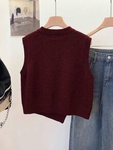 Plus Size Women's Cute Casual Shiny Button Knit Vest Pullover Top, Fashionable Outfit For Summer And Autumn Vacation - Burgundy - View 2