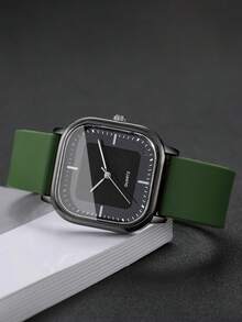 1pc Men's Silicone Strap Fashion Casual Square Minimalist Dial Quartz Wrist Watch, Classic - Green - View 4