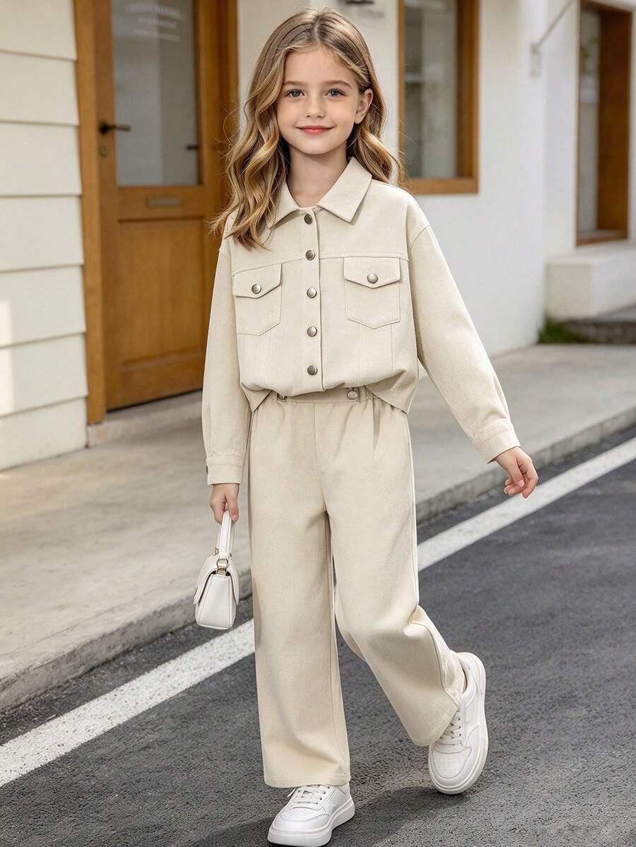 Left Mama Girls' Casual Versatile Long Sleeve Jacket & Straight Leg Pants Set, Spring/Autumn - Apricot - View 1
