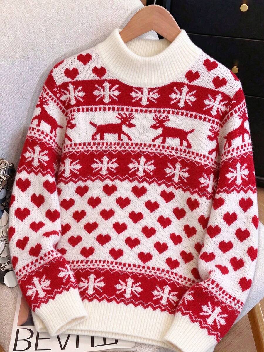 1pc Girls/Teenagers Elegant Fashionable Retro Casual Color Block Patchwork Pullover Sweater, Spring/Autumn/Winter Back To School - Red - View 1