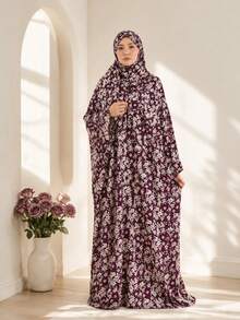 Burgundy Floral Pattern Prayer Robe, Long Lantern Sleeve, Woven Fabric, Floor-Length, Solemn And Elegant Prayer Attire Vacation - Multicolor - View 2