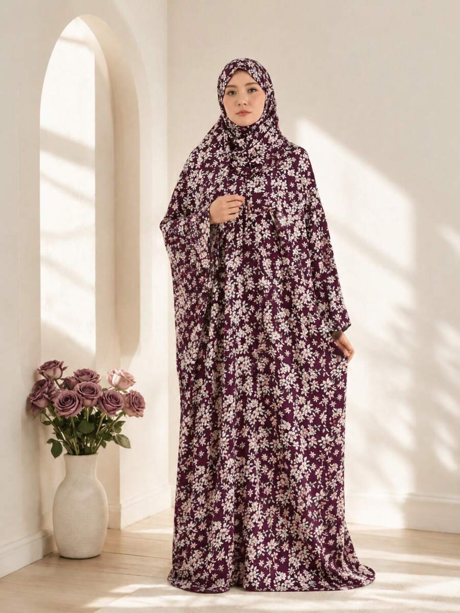 Burgundy Floral Pattern Prayer Robe, Long Lantern Sleeve, Woven Fabric, Floor-Length, Solemn And Elegant Prayer Attire Vacation