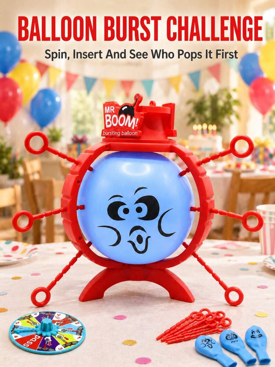 Mr Boom Balloon Popping Game, Inflatable Balloon Bomb Party Game, Suitable For Kids And Adults, No Tools Assembly Required, Rotating Wheel Push Rod Lucky Draw Game, Fun And Exciting Party Game Night Pajama Party, Kids Birthday Christmas Gift, Party Game