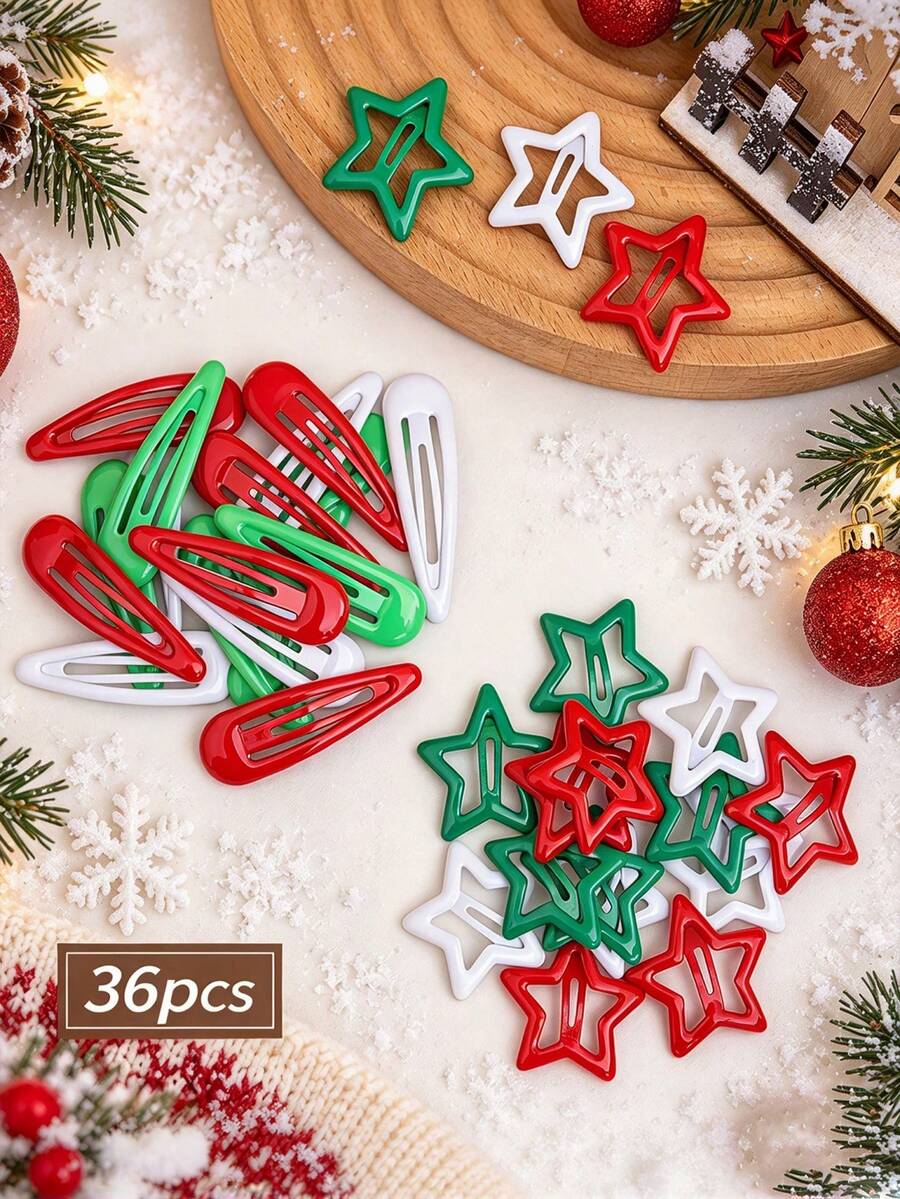 36pcs Girls Christmas Color Hollow Star & Water Drop Hair Clips Set ...