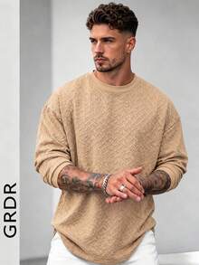 GRDR Men's Crew Neck Textured Jacquard Long Sleeve T-Shirt, Solid Color Ribbed Cuffs Casual Pullover Top - Apricot - View 6