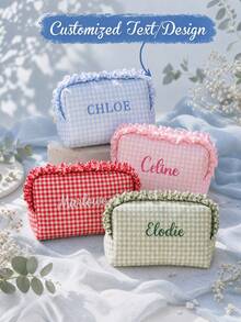 Custom Print Gingham Makeup Bag, Personalized Name Ruffle Cosmetic Pouch, Plaid Toiletry Bag, Travel Organizer Gift For Women - Multicolor - View 1