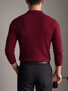 Men's Solid Color Ribbed Vertical Stripe Polo Collar Knit Sweater, Minimalist Versatile Long Sleeve Top - Red Violet - View 2