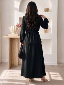 Women's Elegant Pleated Front Button Ruffle Blouse + Long Skirt 2 Pieces Set, Elastic Cuffs Casual Daily Outfit - Black - View 4