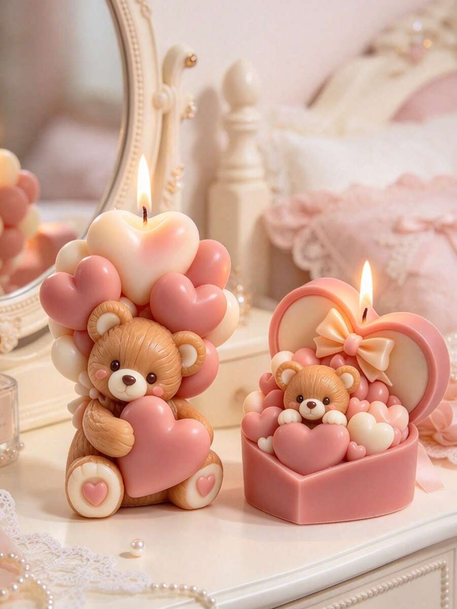 1pc Balloon Heart Bear Silicone Candle Mold, DIY Resin Plaster Bear Mold For Candle Making, Home Decor, Handmade Crafts, Gifts - A - View 1