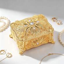 1 pieza Caja de joyas de estilo europeo vintage con strass dorado, caja de almacenamiento de joyas tallada barroca, adecuada para anillos, pendientes, collares, caja de regalo de decoración de escritorio - Dorado - Ver 5