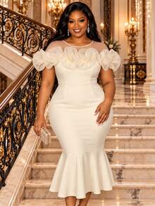 Plus Size Apricot Fitted Mermaid Mid-Length Dress, Sheer Mesh Collar, Ruffle Shoulder Design, Elegant Wedding Guest Formal Party Evening Gown For Women - Apricot - View 3